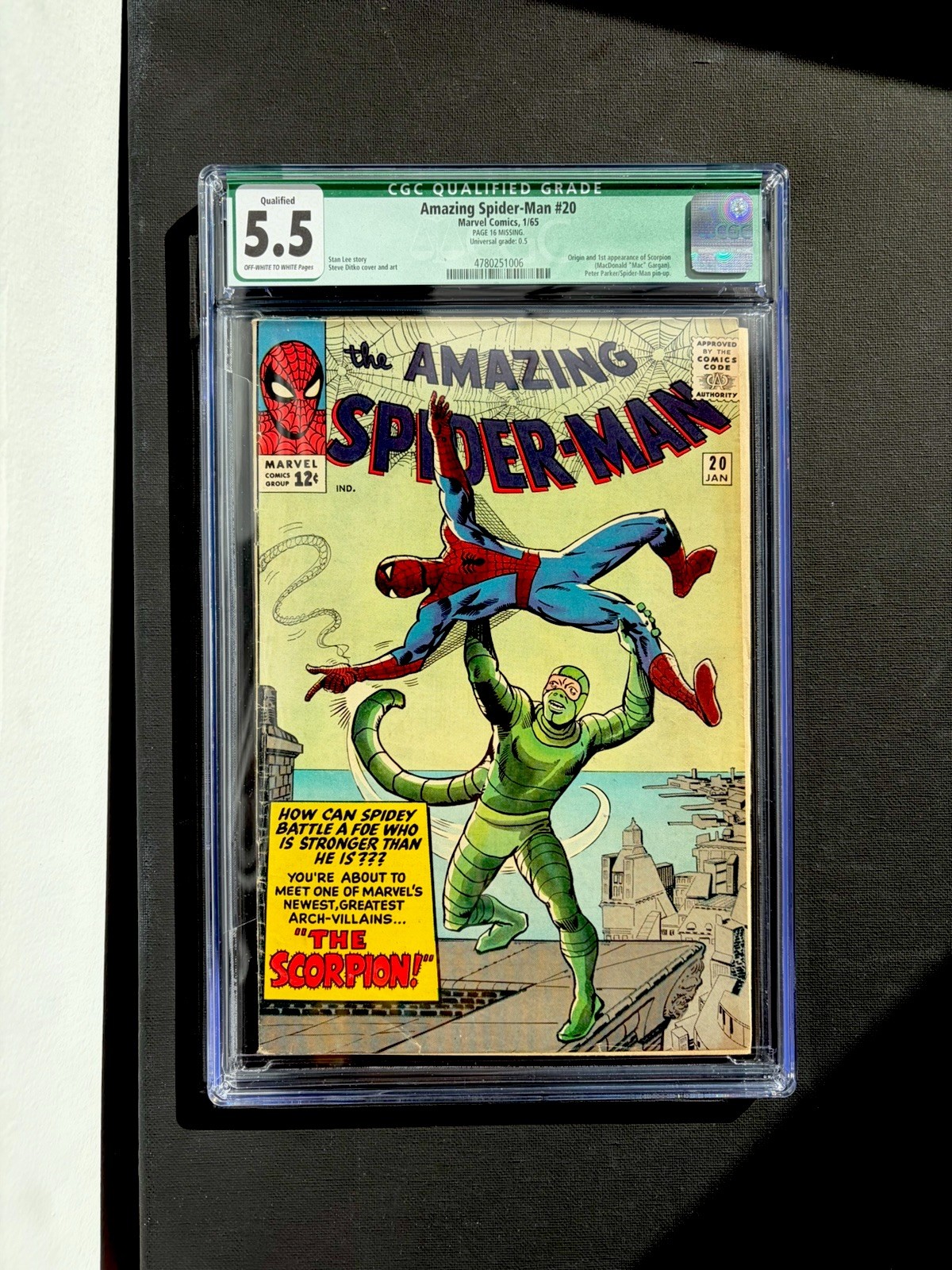 Amazing Spider-Man #20 CGC 5.5 FN Qualified 1st Scorpion 1965 Marvel Key BEAUTY