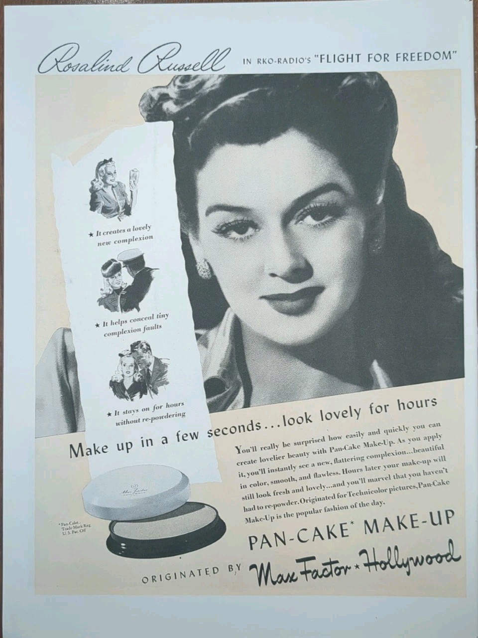 1943 Max Factor Rosalind RusselPrint Ad Hollywood Actress Vintage Makeup