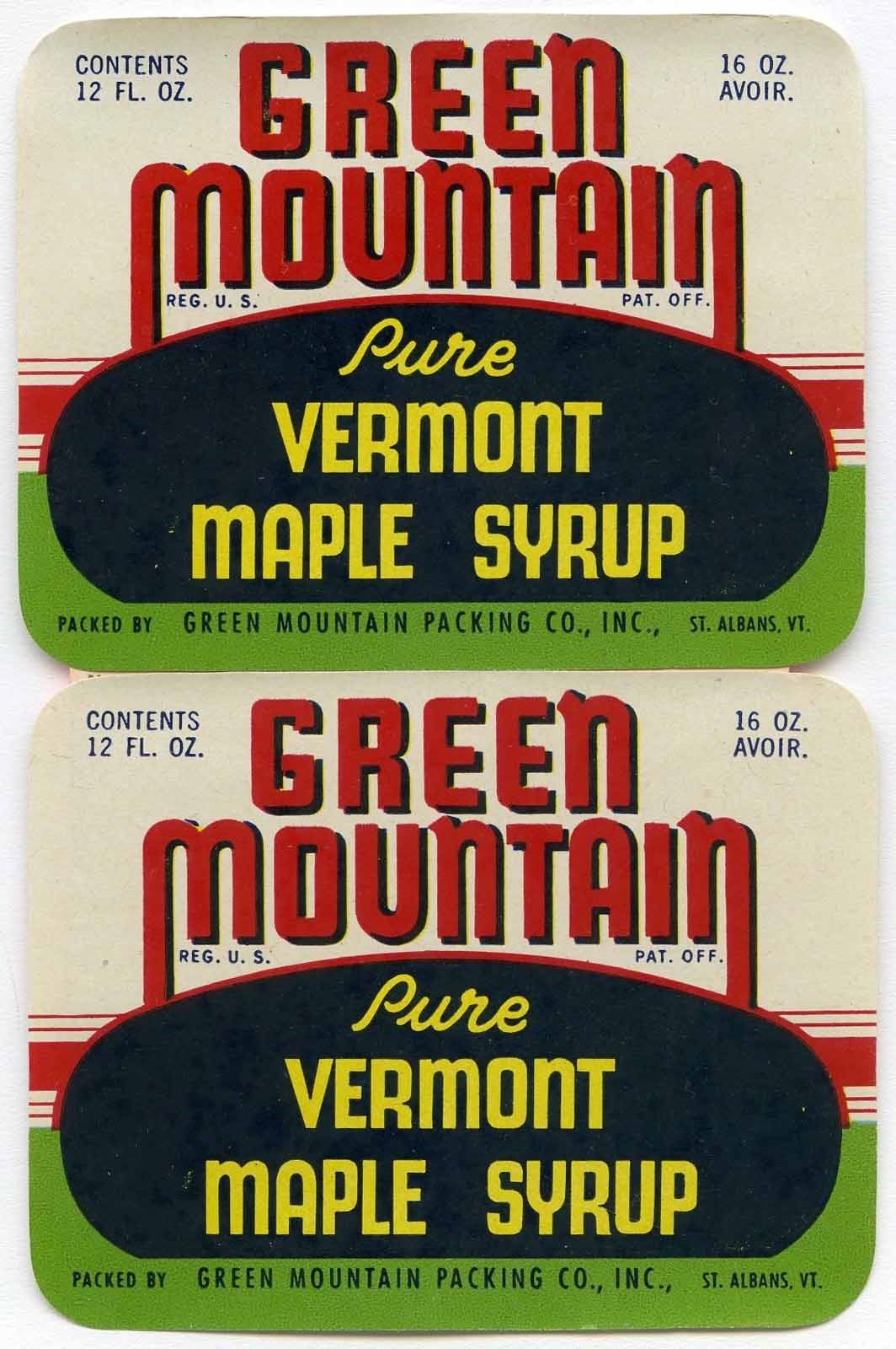 Green Mountain Pure Vermont Maple Syrup Vintage Label Only Lot of 2 Unused