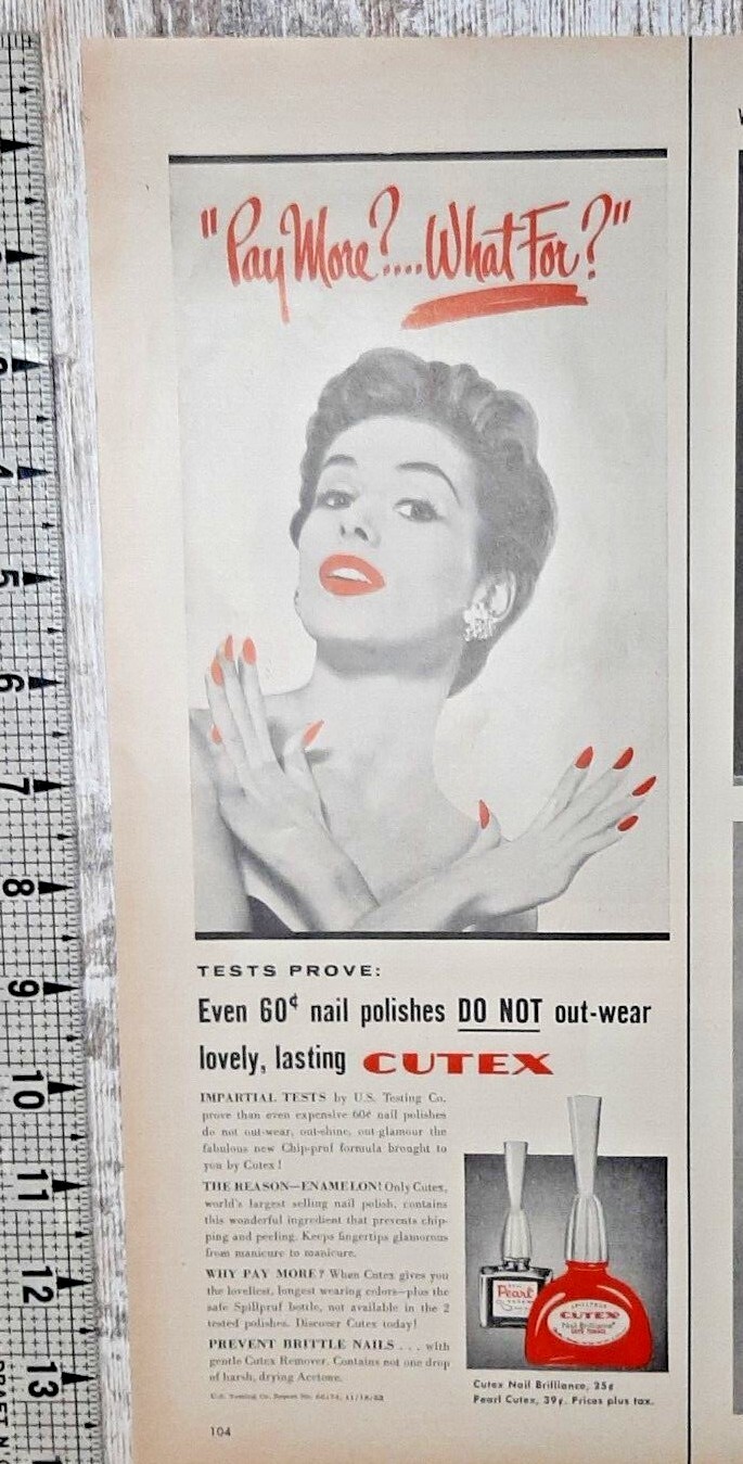1954 Cutex Vintage Print Ad Nail Polish Pretty Brunette Bottle Red Fingernails