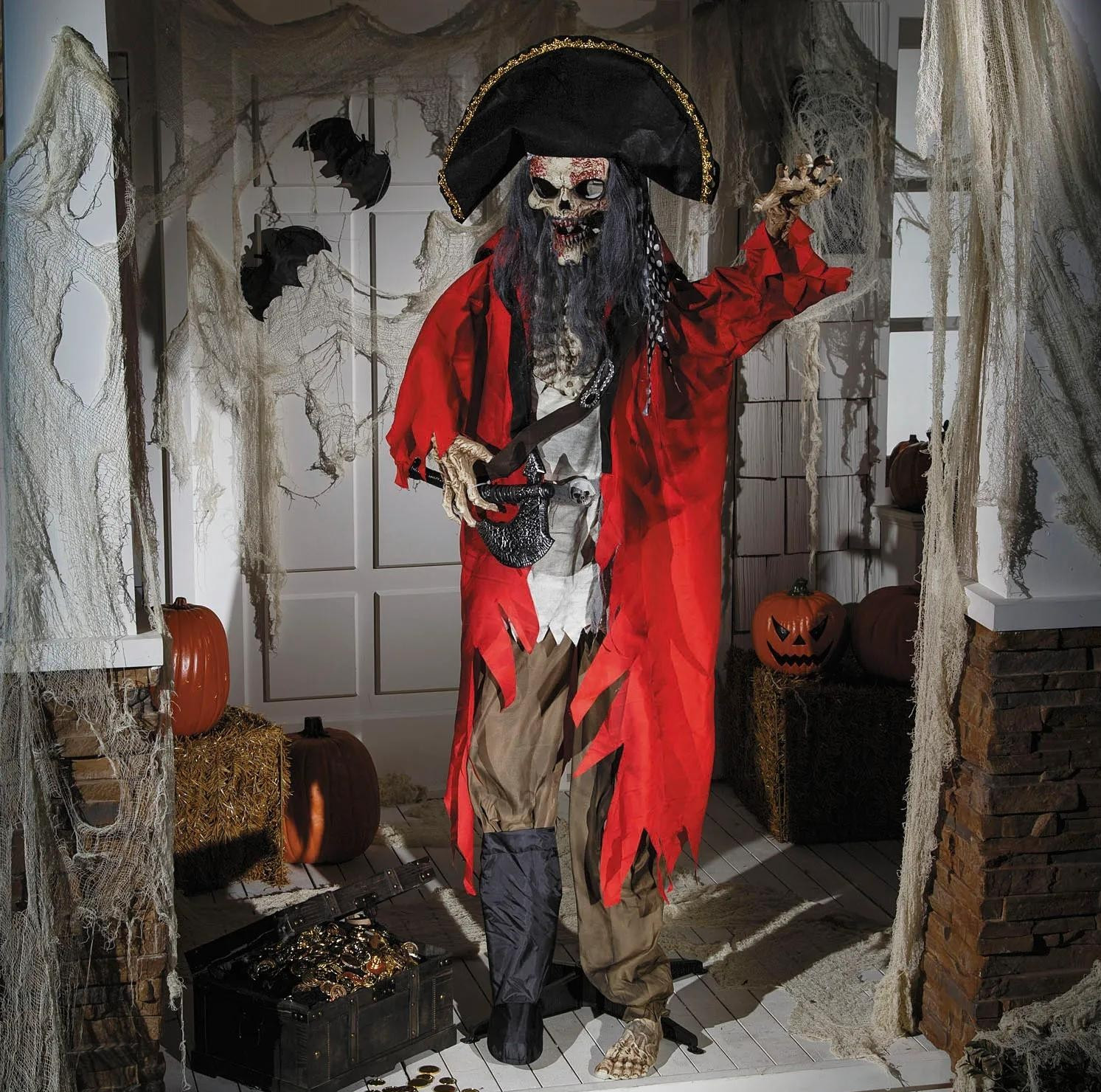 6 Ft Animated Pirate Skeleton Halloween Decoration, Life-Size Standing Prop