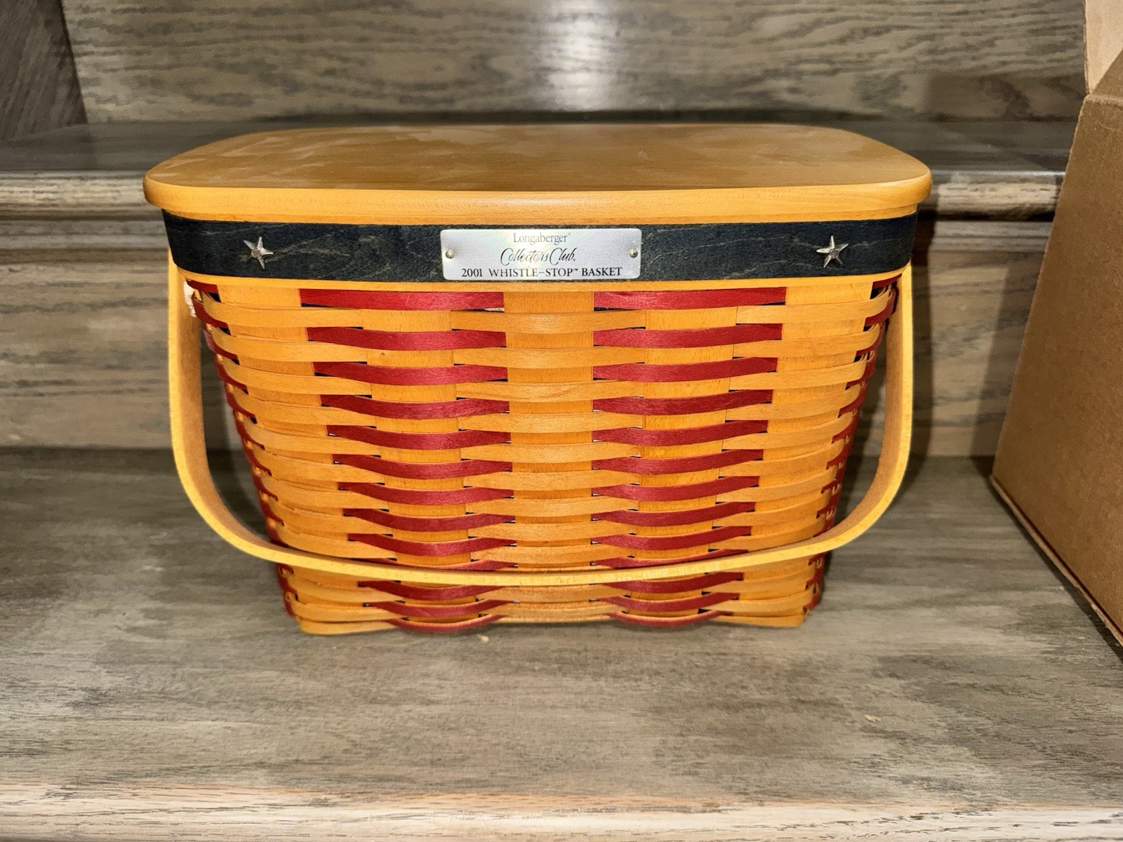 2001 Longaberger Whistle Stop Basket Collectors Club Lid Liner Protector Box
