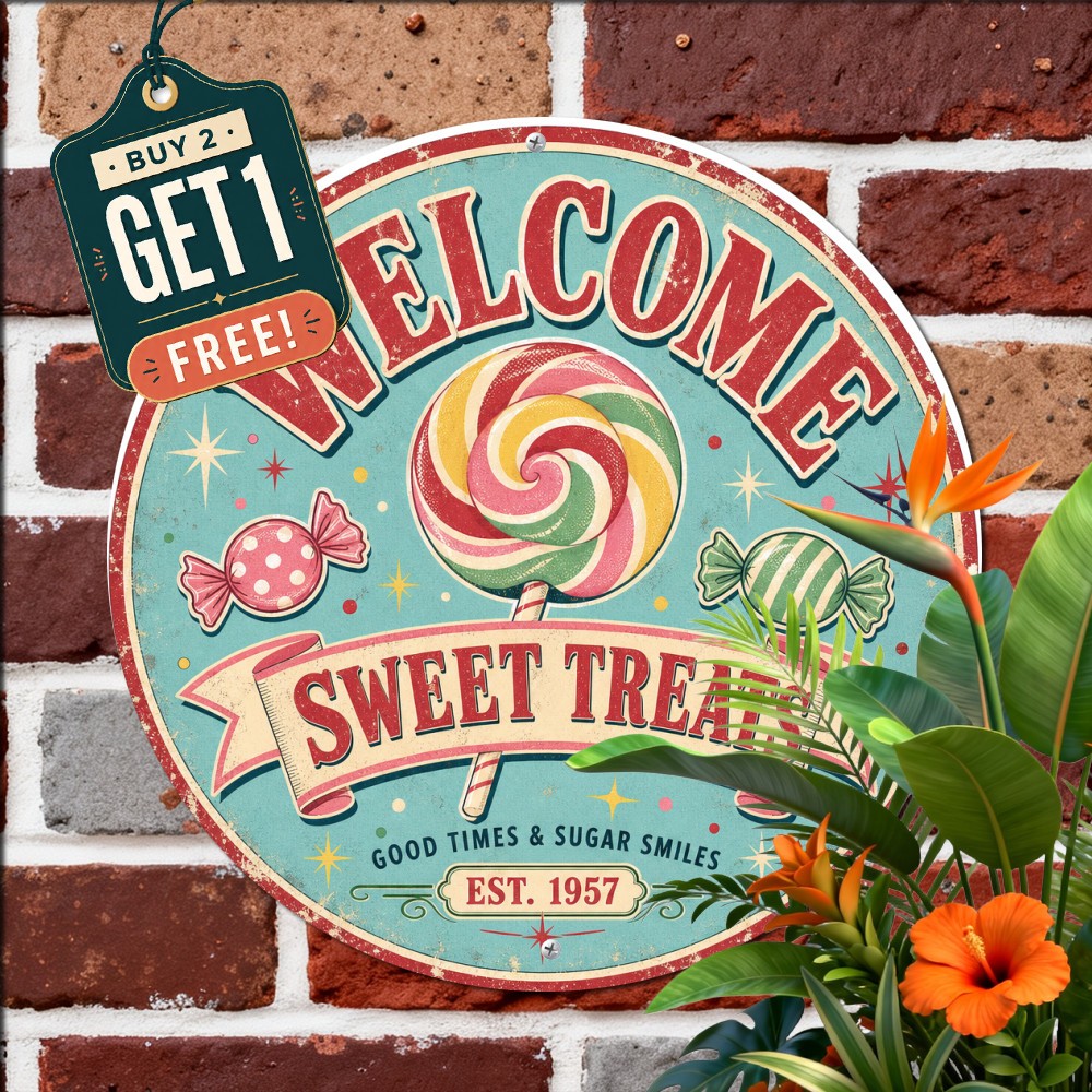 Welcome To Candyland Sweet Treats Dessert Shop Carnival Round Metal Sign