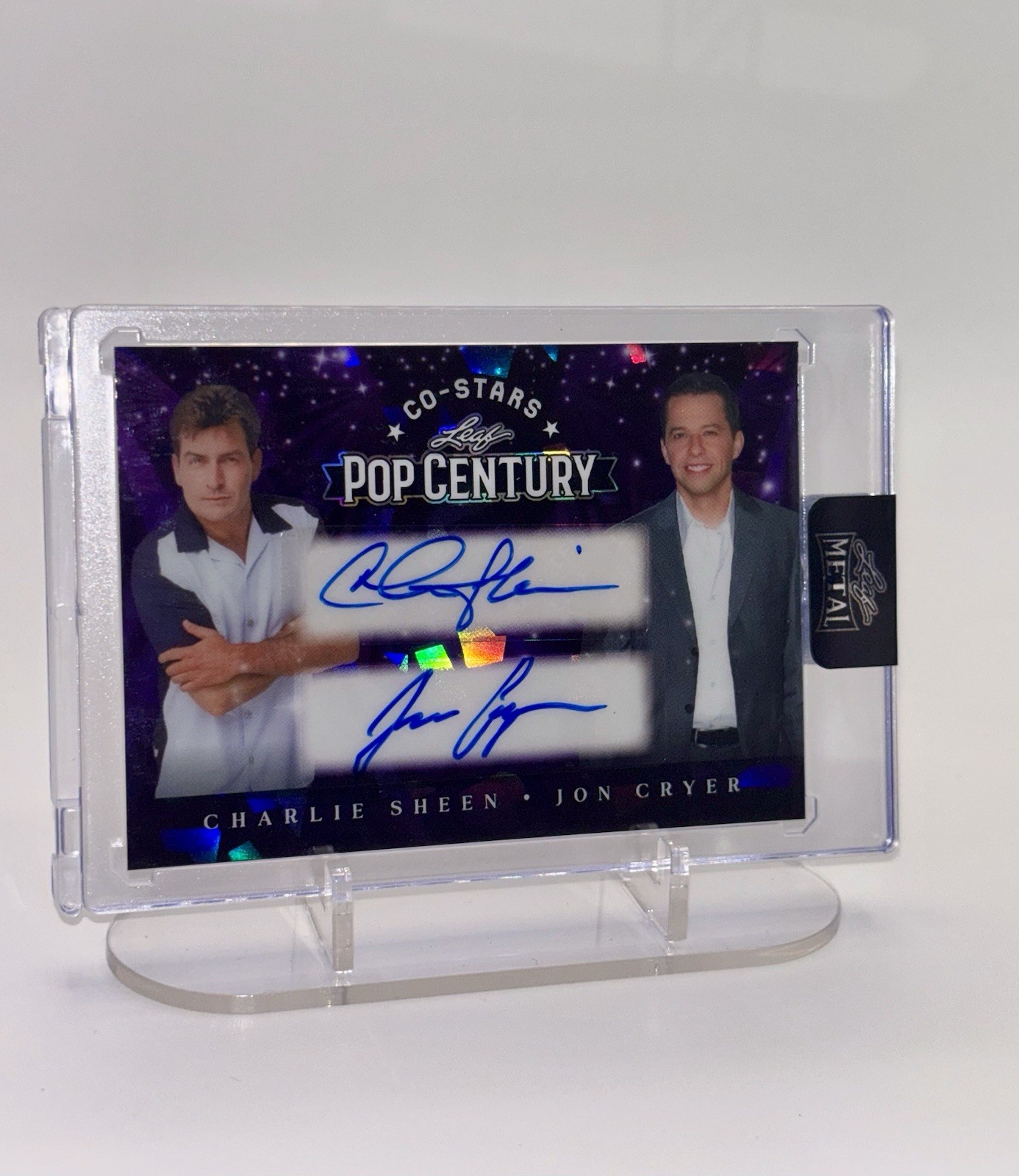 Charlie Sheen & Jon Cryer Dual Auto Leaf Metal Pop Century 6/7 Near Mint