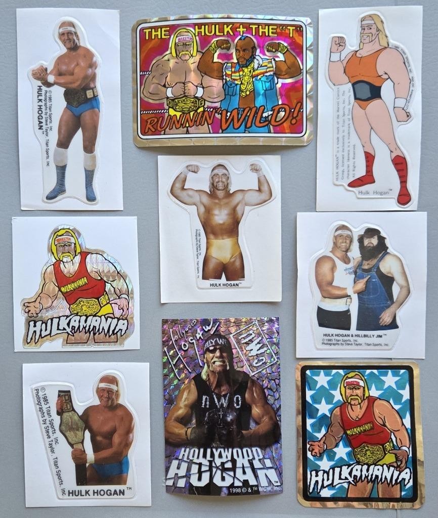 9 Rare VTG WCW Wrestling Hulk Hogan Vending Machine Stickers, Mr. T, Collectible