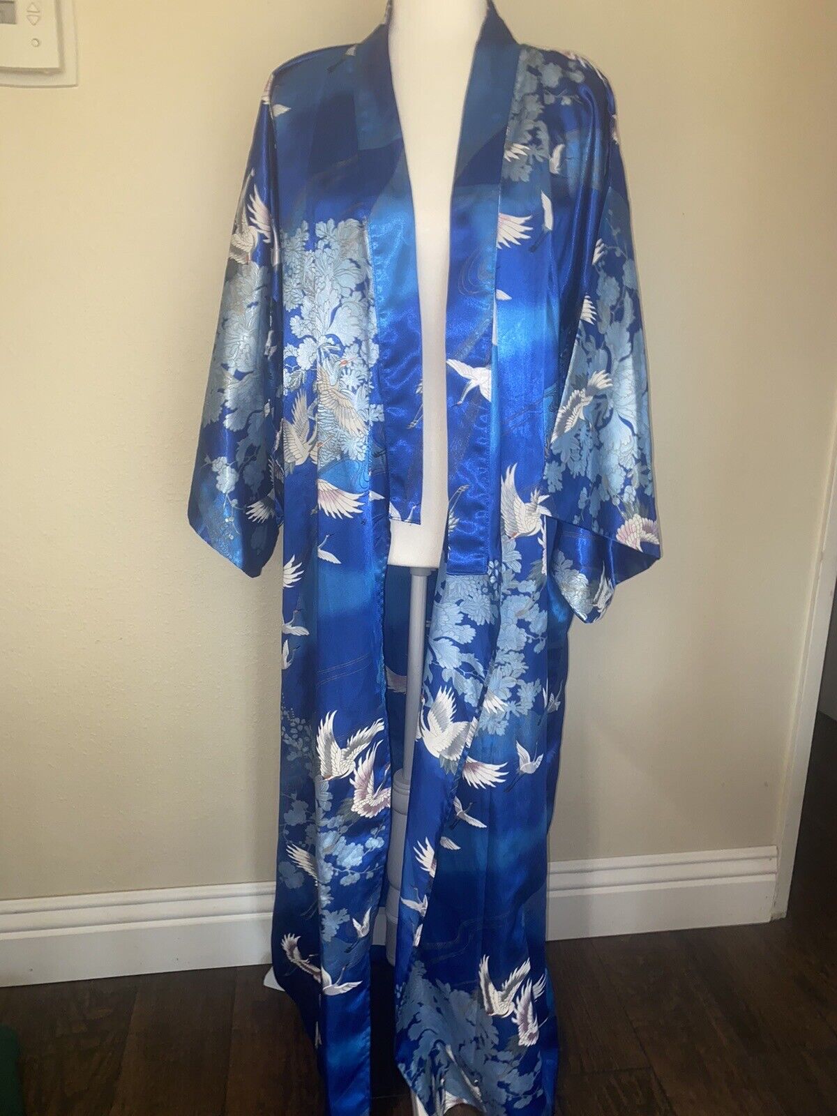 Kimono Robe made in Japan Blue Flying Birds Polyester 55 Vintage Full Length