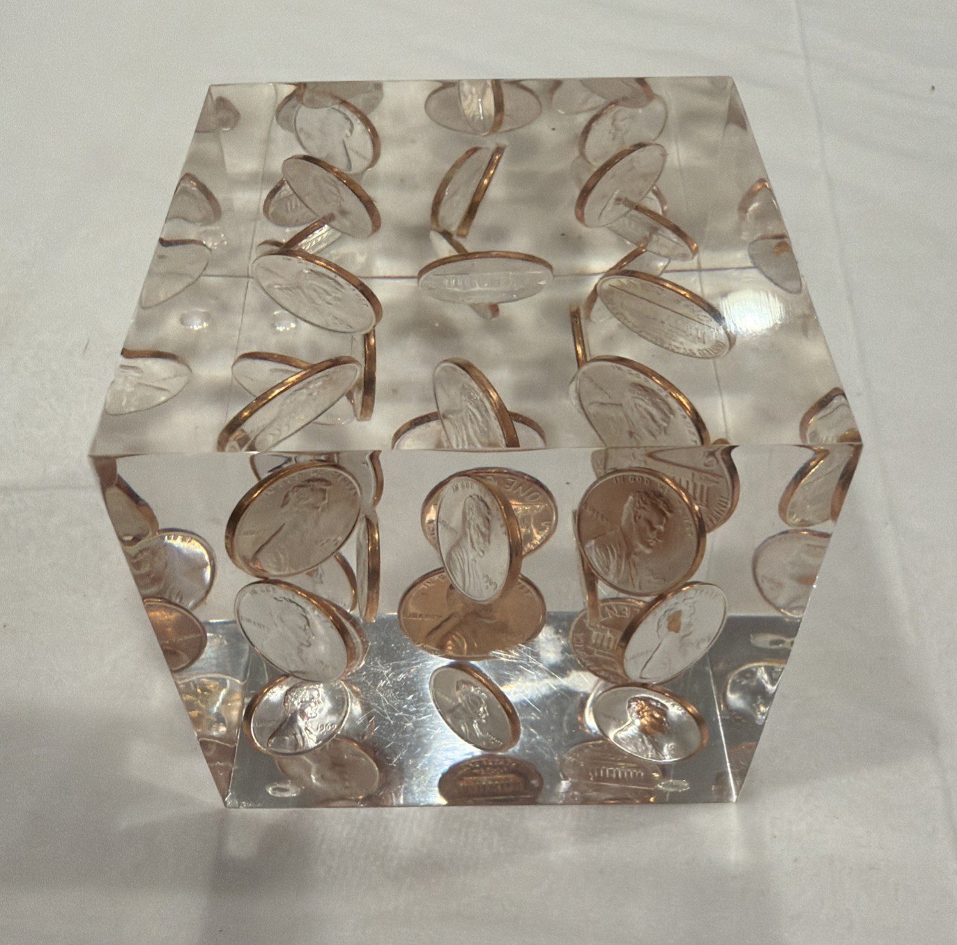 Vintage Lucite Paperweight 1969 Uncirculated Pennies 3
