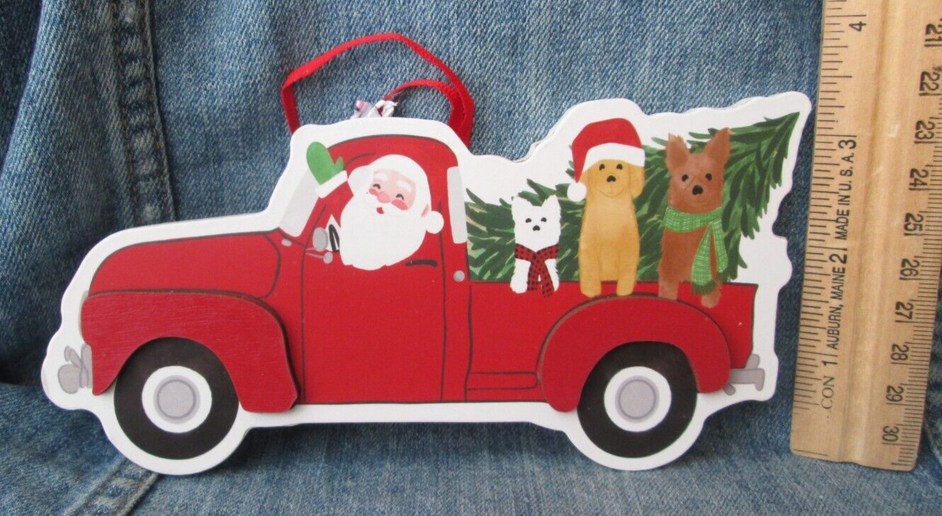DOGS IN SANTA CLAUS'S PICKUP TRUCK Wood Christmas Tree Ornament ORN44