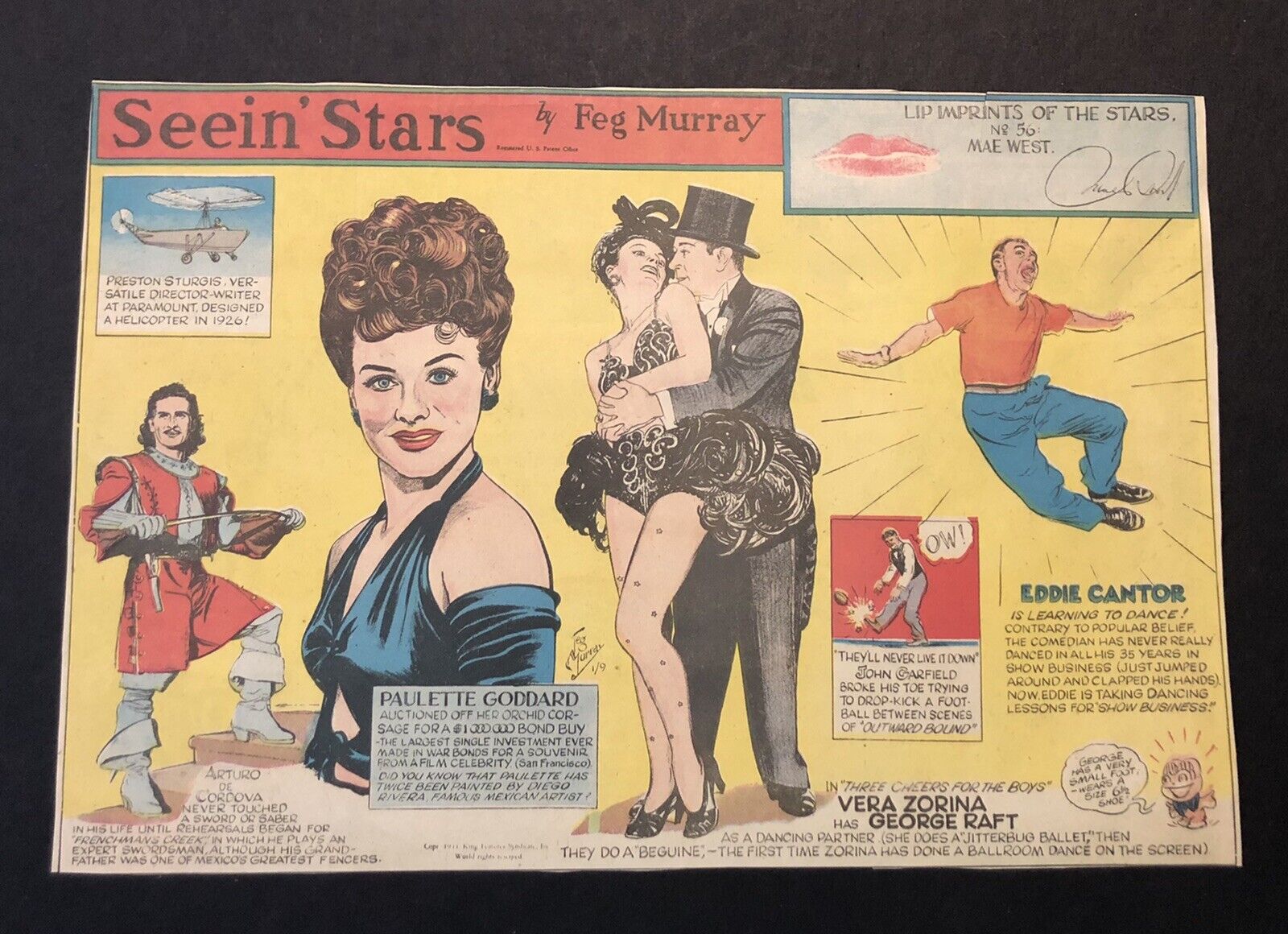 1940’s Seein’ Stars Actress Paulette Goddard & Eddie Cantor Newspaper Comic