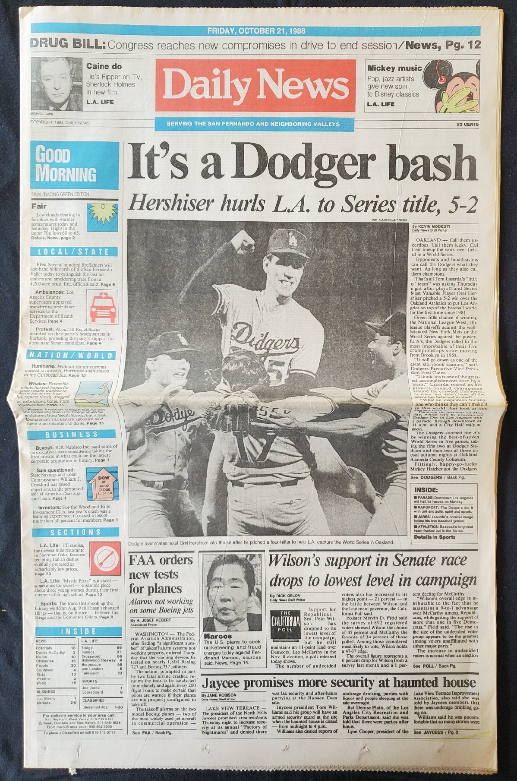 1988 Hersheiser Dodgers v A\'s World Series Champions MLB LA Daily News Newspaper