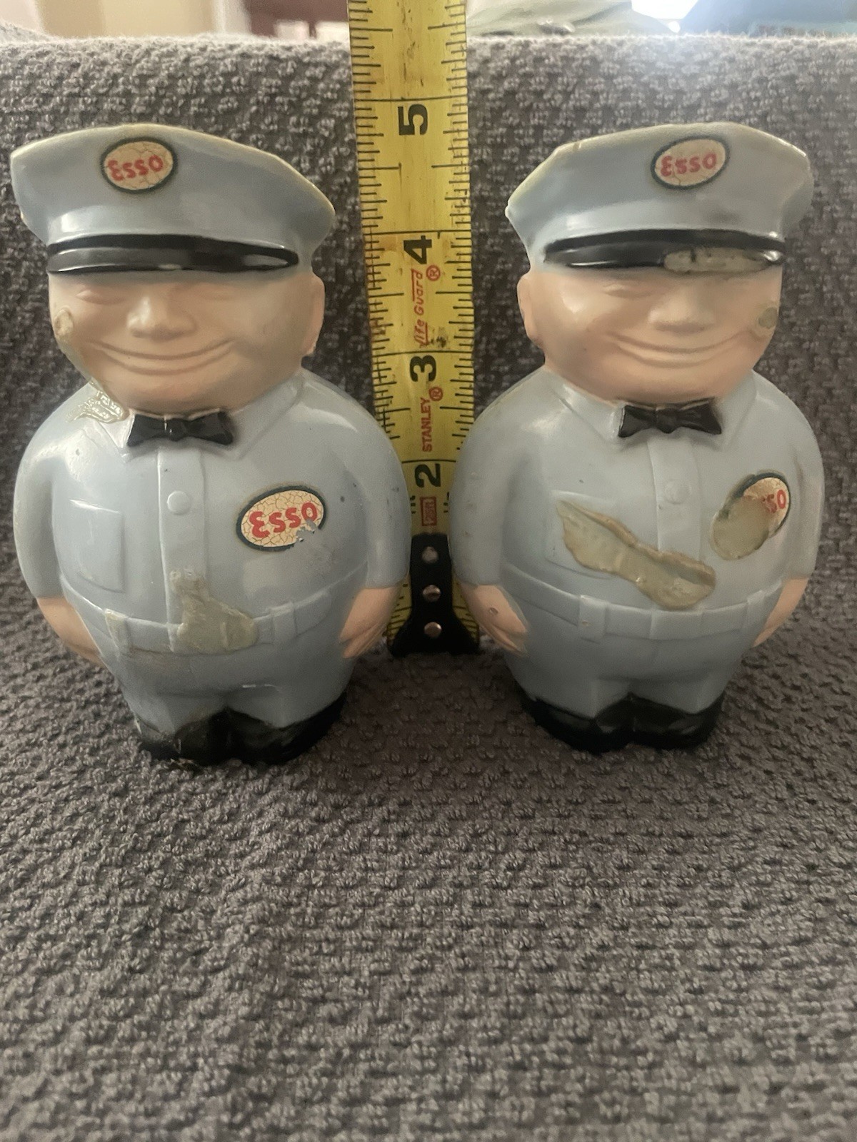Vtg.  2- 1950s Esso Gas Station Attendant Fat Man Coin Bank, Pa. Some Melt Marks
