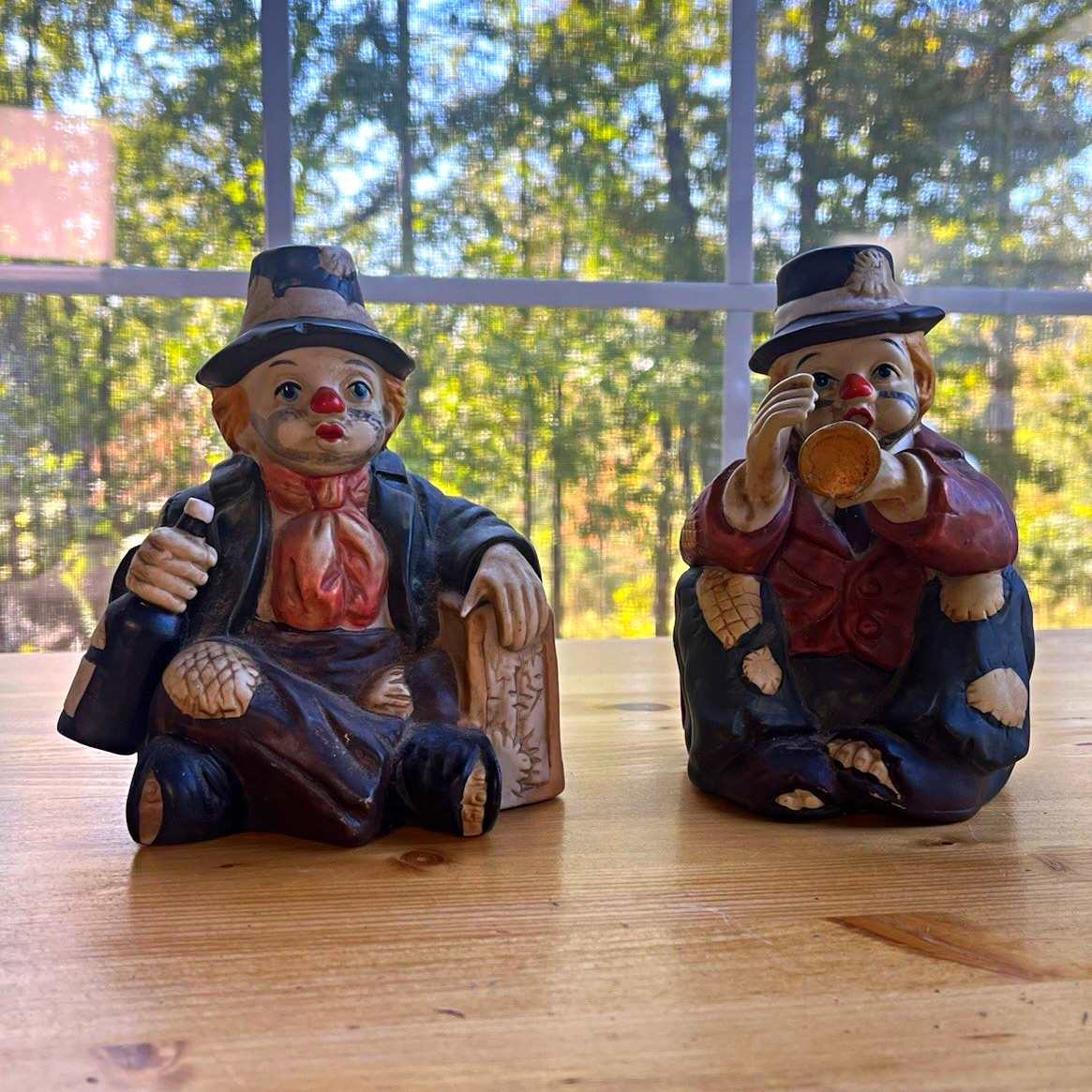 Vintage 1988 Interpur Hobo Clown Music Box Figurines Taiwan Lot of 2 Porcelain
