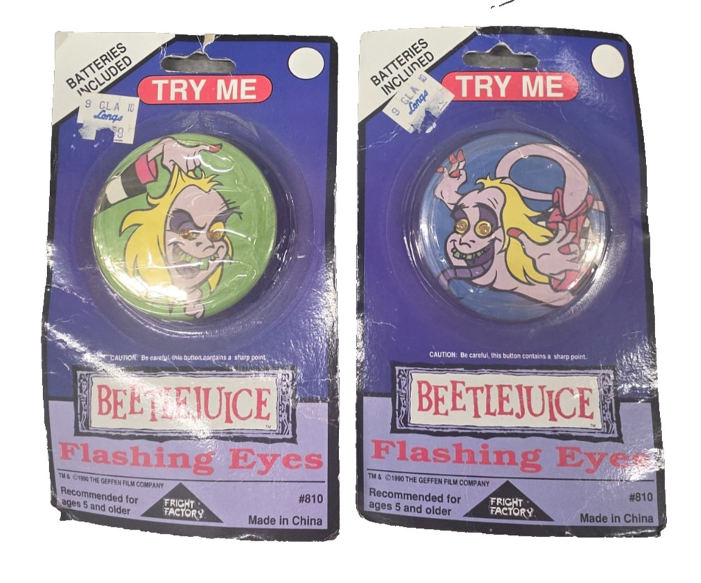 Beetle Juice 1990 Vintage Flashing Eyes Button Lot - NOS Fright Factory - 2 PC