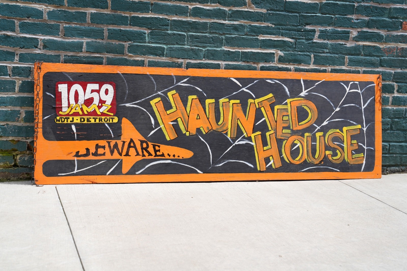 Antique Halloween Haunted House Sign Vintage Wood Beware Road Detroit Michigan