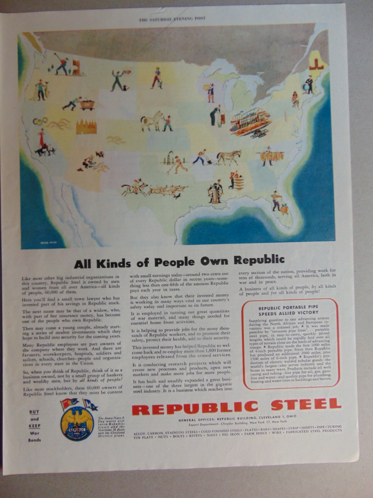 1945 REPUBLIC STEEL All Kinds of People own Republic Stock vintage art print ad