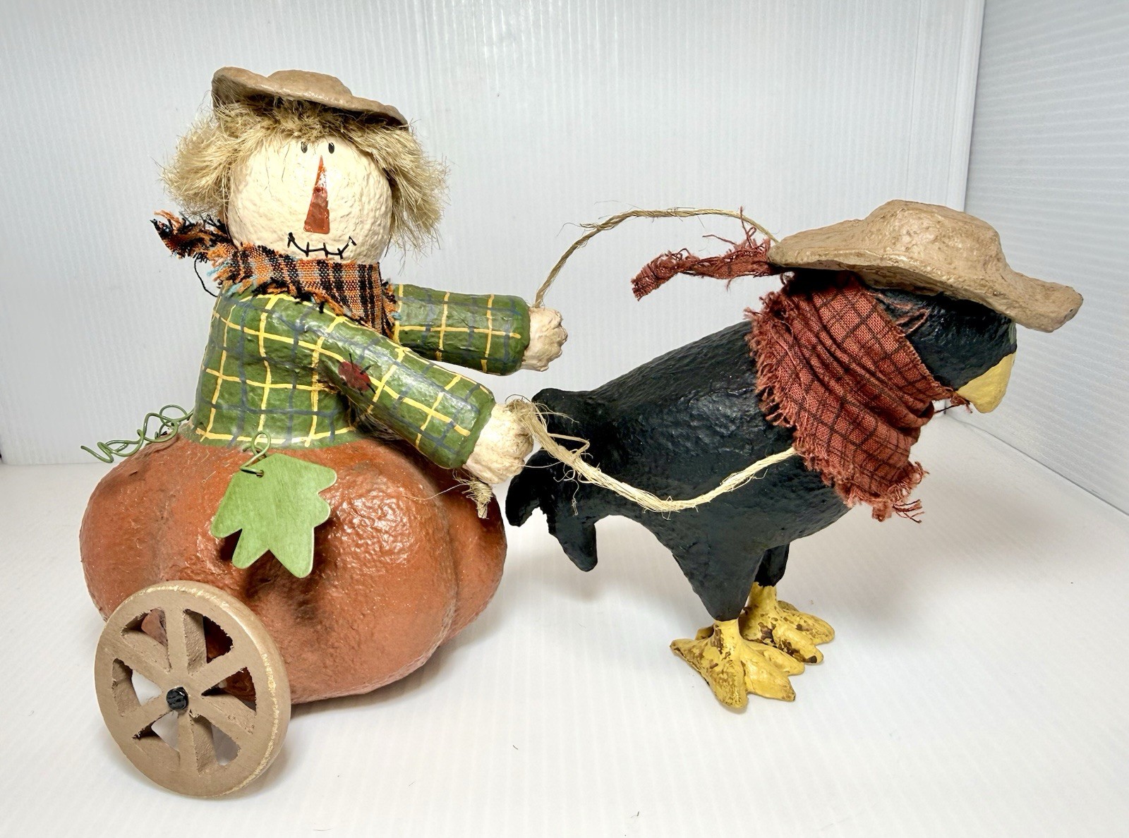 Vintage Paper Mache Crow Pulling Scarecrow On Pumpkin Cart Folk Art Fall Decor