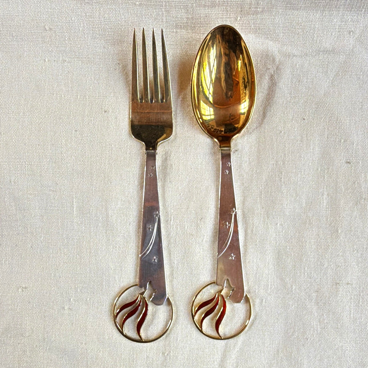 A. Michelsen Rare 1933 Sterling silver gold plate Christmas spoon and fork