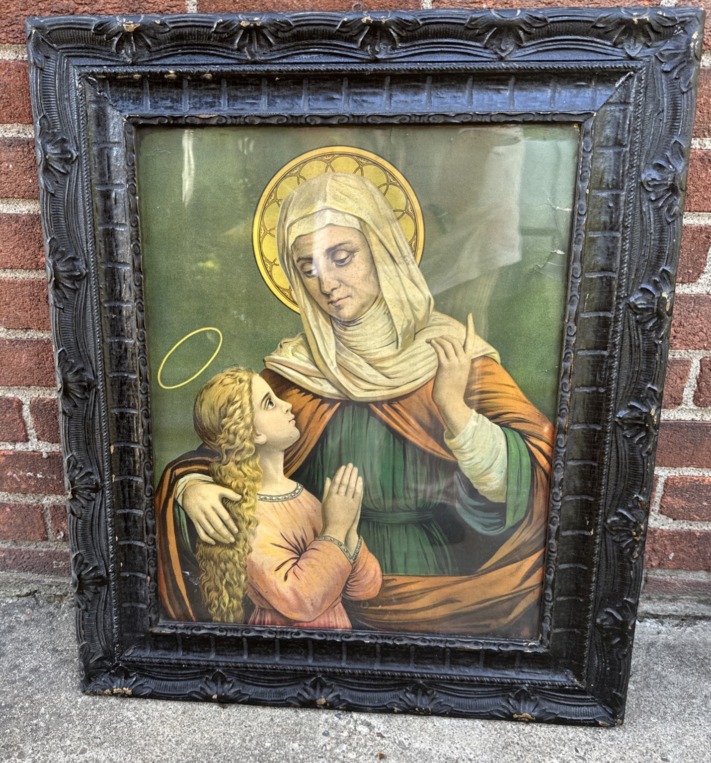 Antique Catholic Religious Lithograph Ornate Gothic Frame 22.5x27 Dark Academia