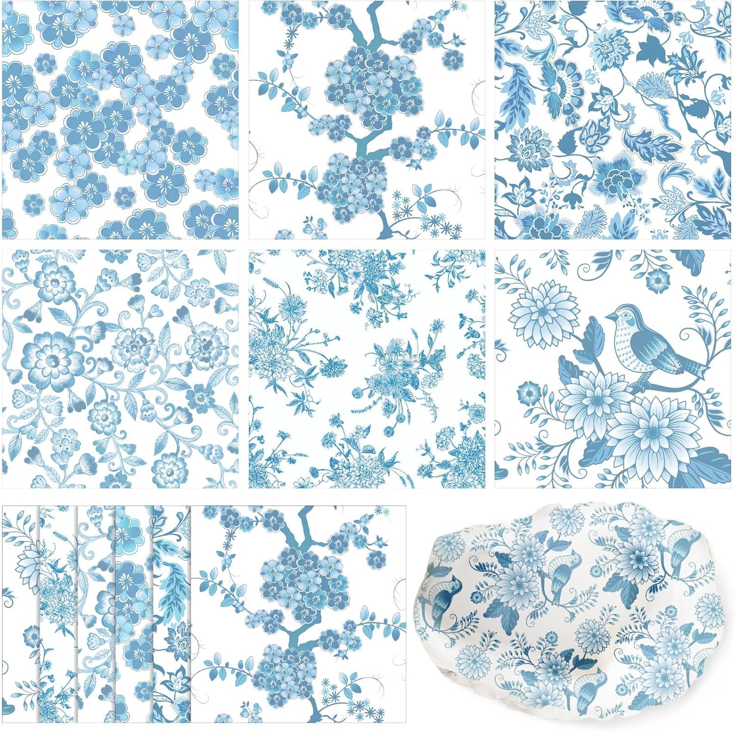 13 inch, 36 Pack 6 Style Light Blue Decoupage Chinoiserie Napkins