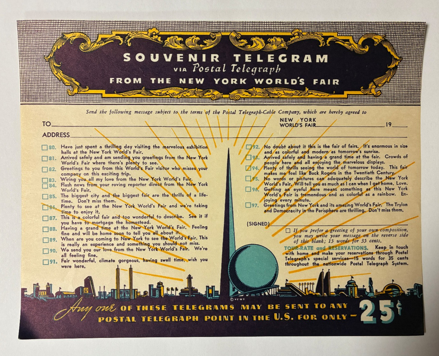1939 New York World’s Fair Souvenir  Unused Postal Telegraph Program Sheet