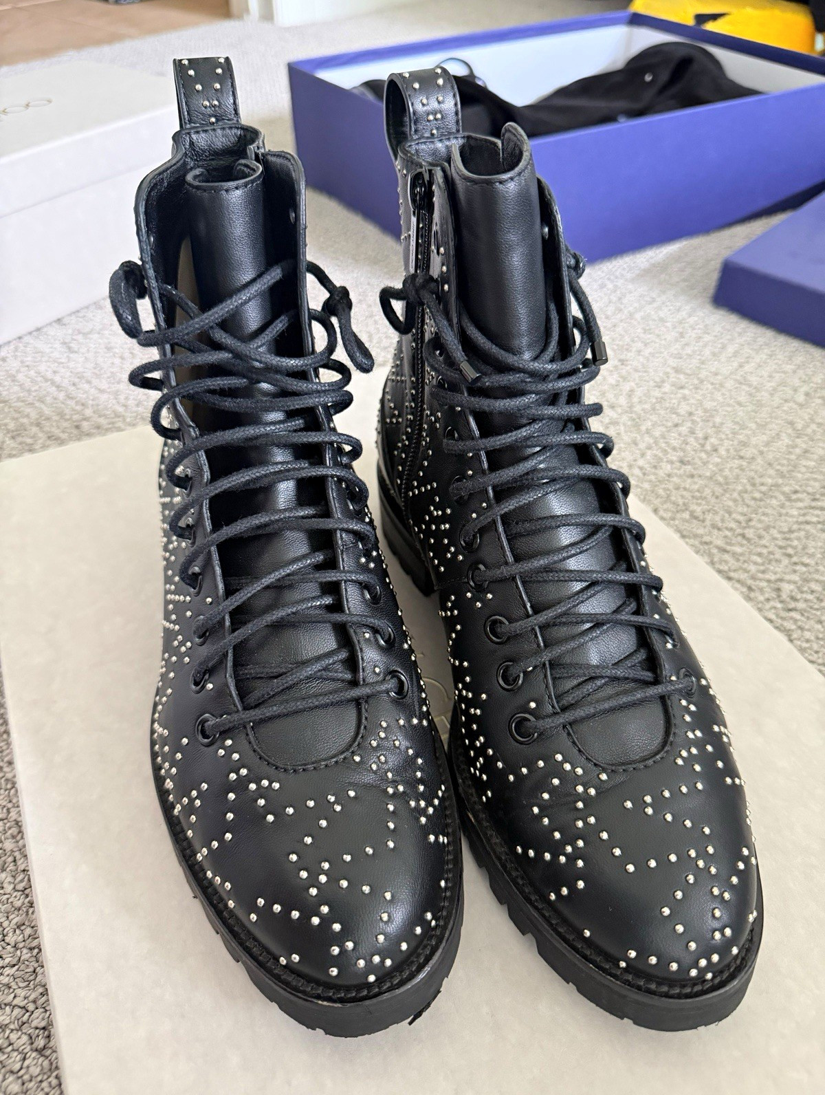 Jimmy Choo Cruz Flat Women’s 38 Ankle Boots Black/Silver Star Studded Lace-Up