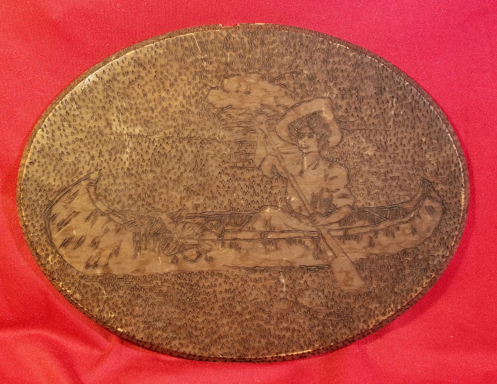1880s-1910s Woman In Canoe Pyrography Wood Hanging Plaque Panel vtg 12x9 Antique