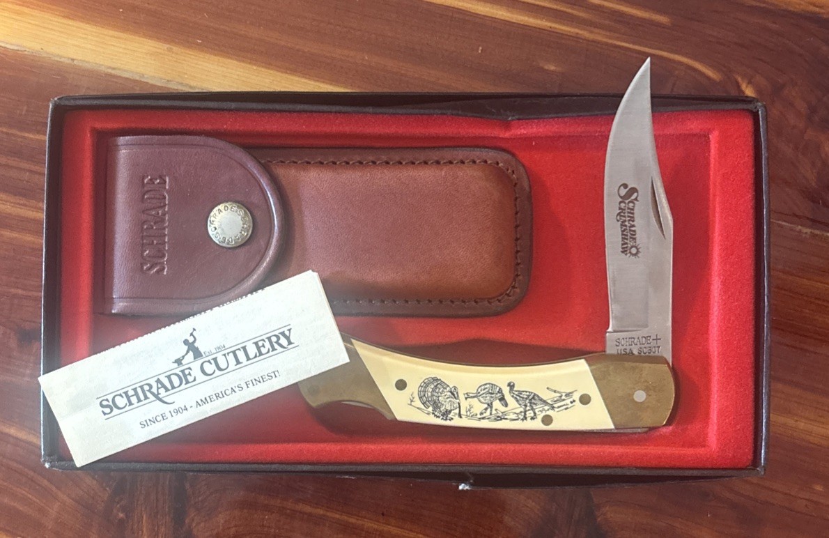 Vintage 1982 Schrade Scrimshaw SC507 Ram Lockback Knife Sheath Box Papers Mint
