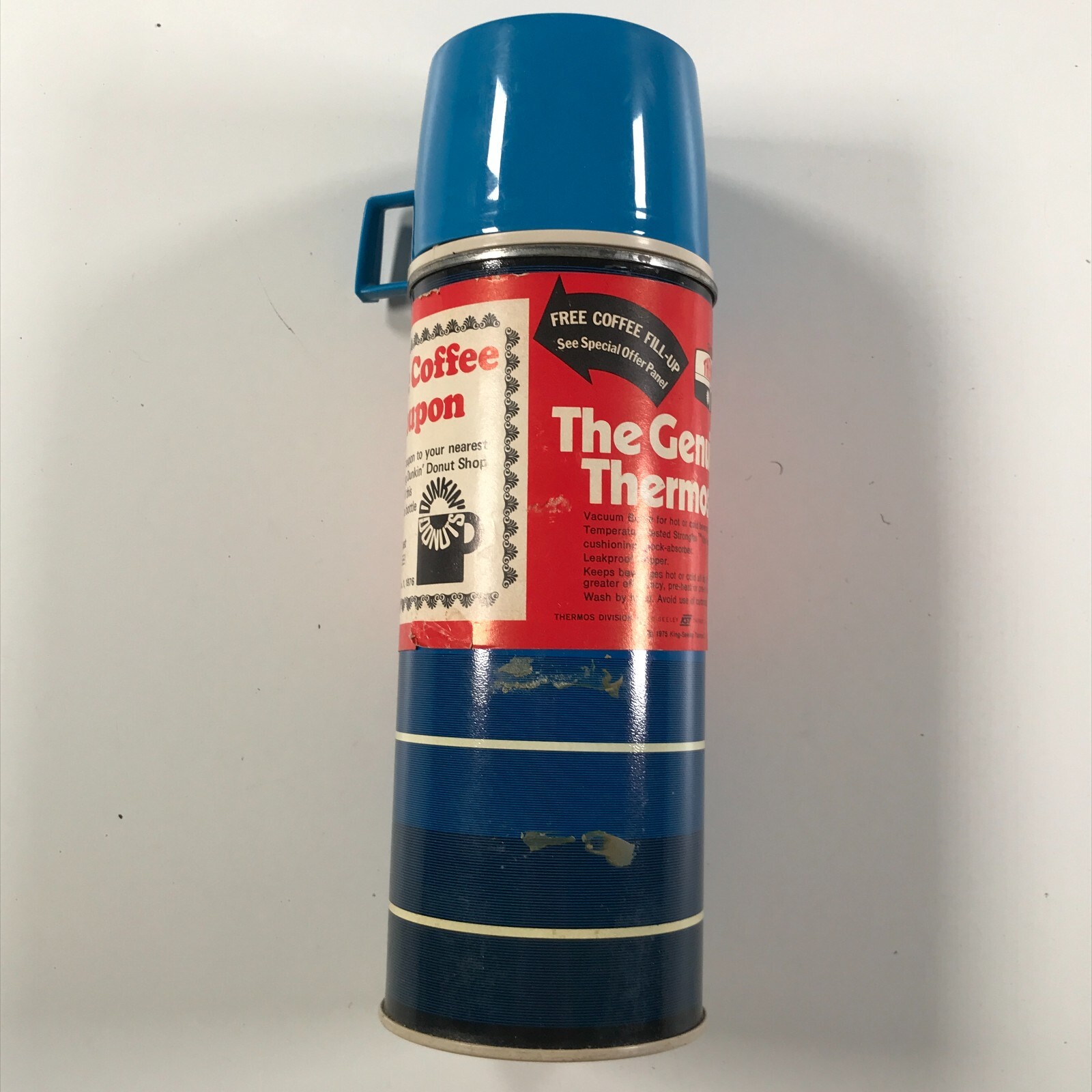 New Vintage Thermos Blue White Striped With Top Cup King Select 1976 70s
