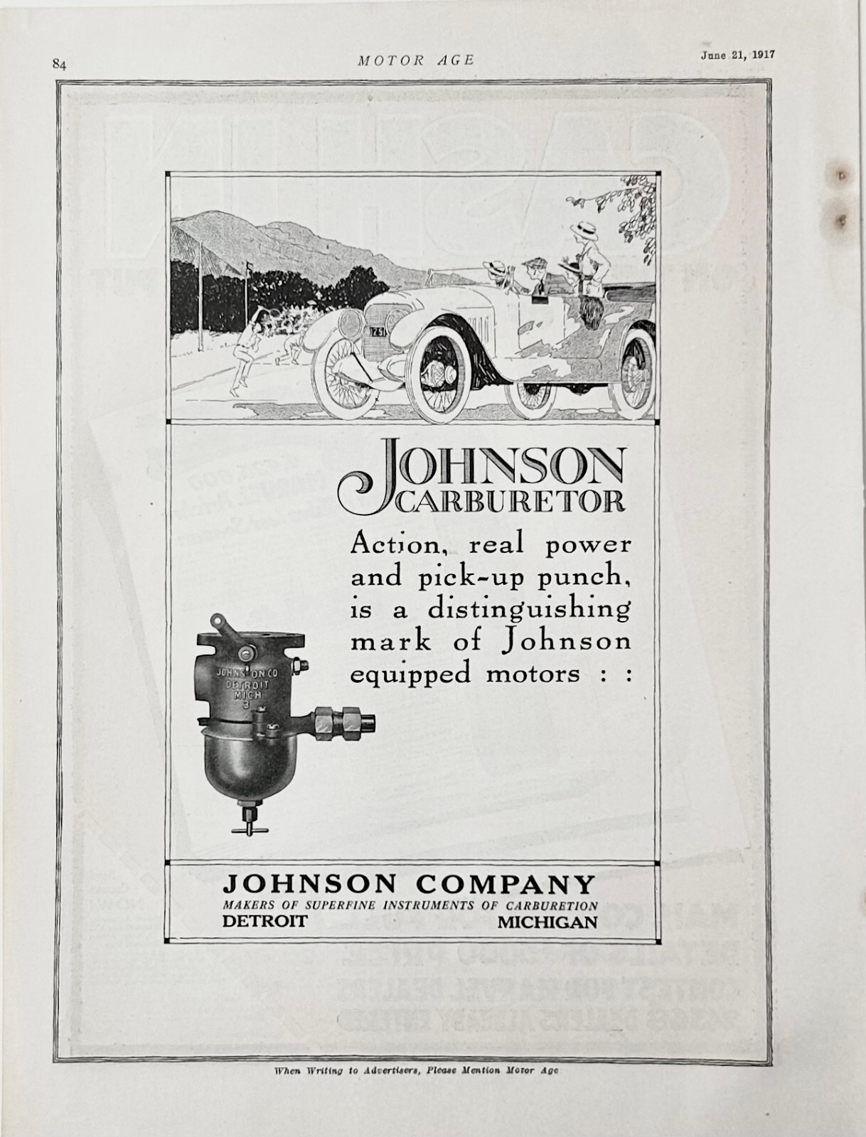 1917 Ad Johnson Co Detroit MI Carburetors