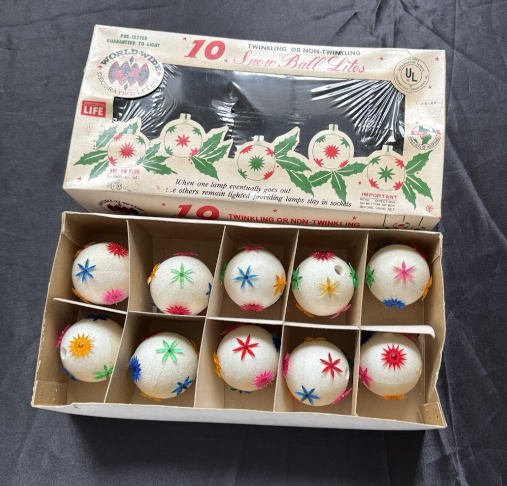 Vintage World Wide 10 Snow Ball String Lite Covers Only 1950\'s In Original Box
