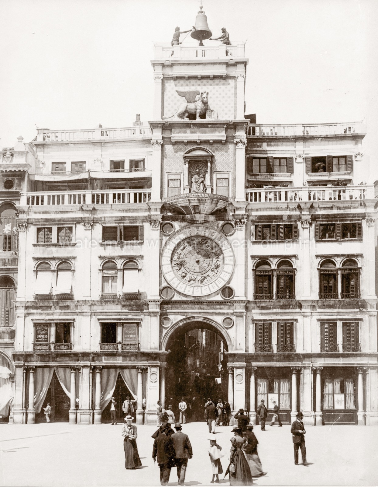 Venice St Mark\'s Square Clock Tower Piazza Architecture People Vtg. Photo 19thC.