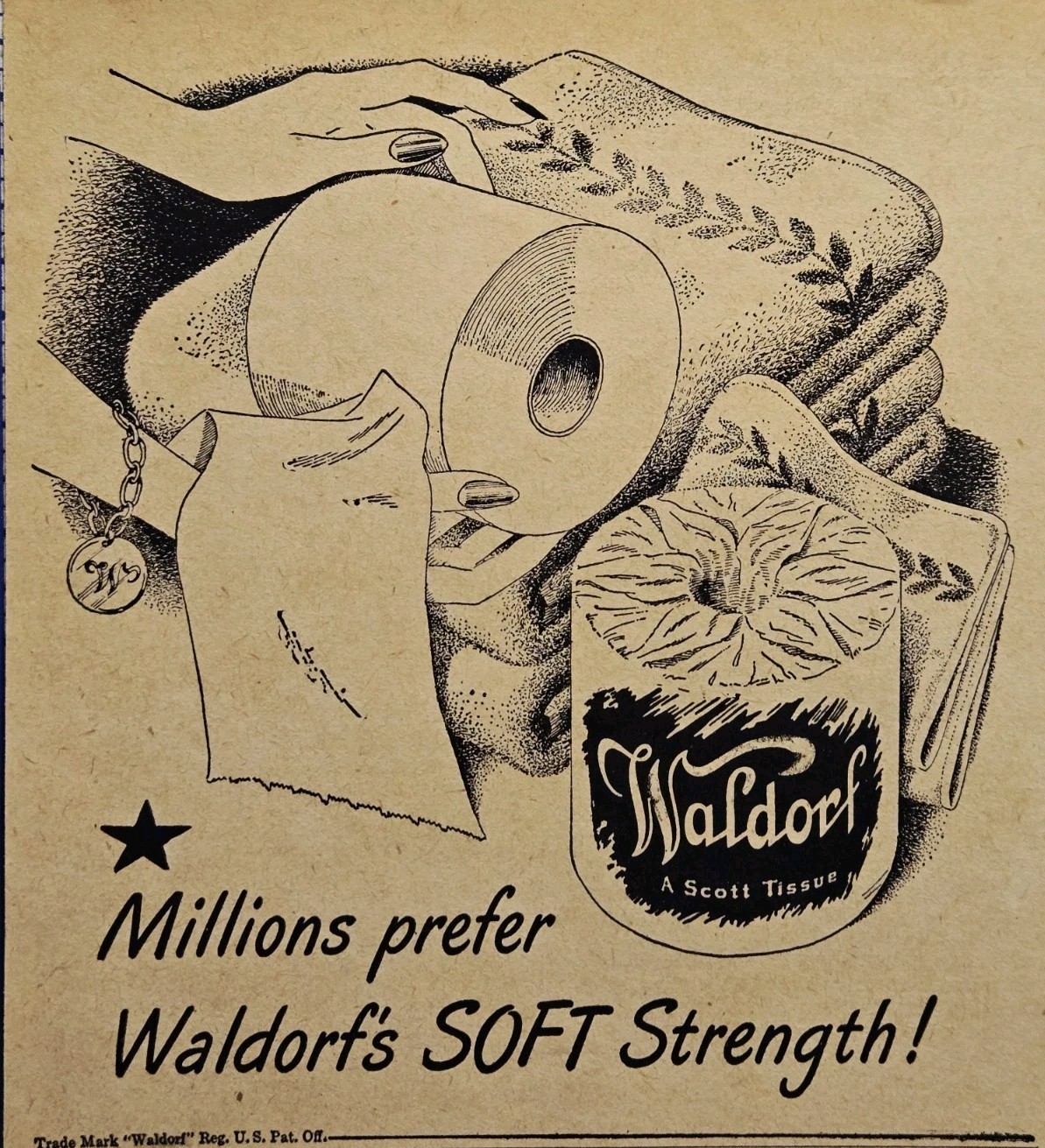 1948 Waldorf Toilete Paper Print Ad A Scott Tissue Soft Strength Towels Bracelet