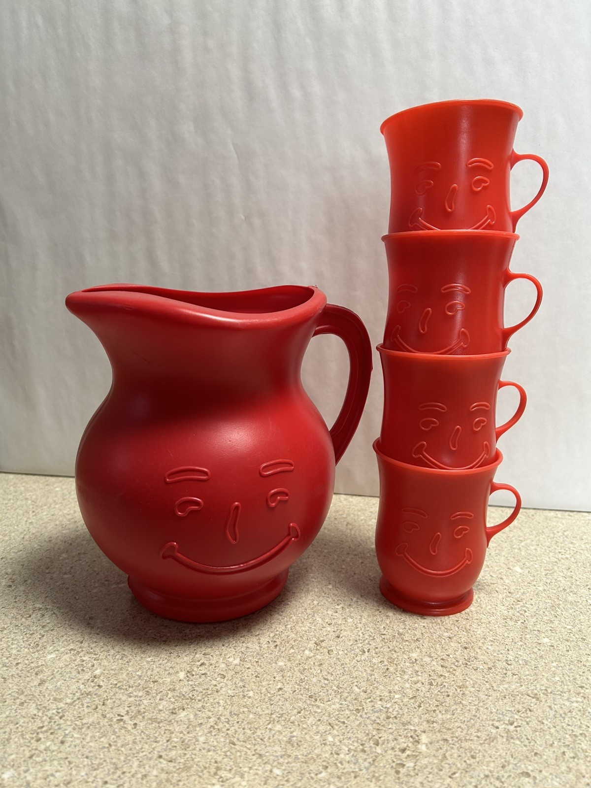 Vintage 1984 Kool-Aid Man Red Pitcher with 4 Cups General Foods Complete Set