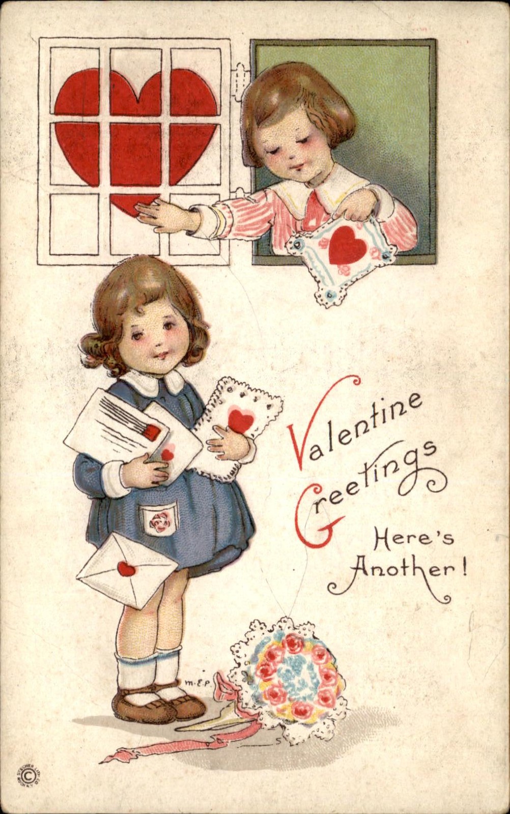Valentine\'s Day Children with Valentine Cards m.e.p. c1900s-10s Vintage Postcard