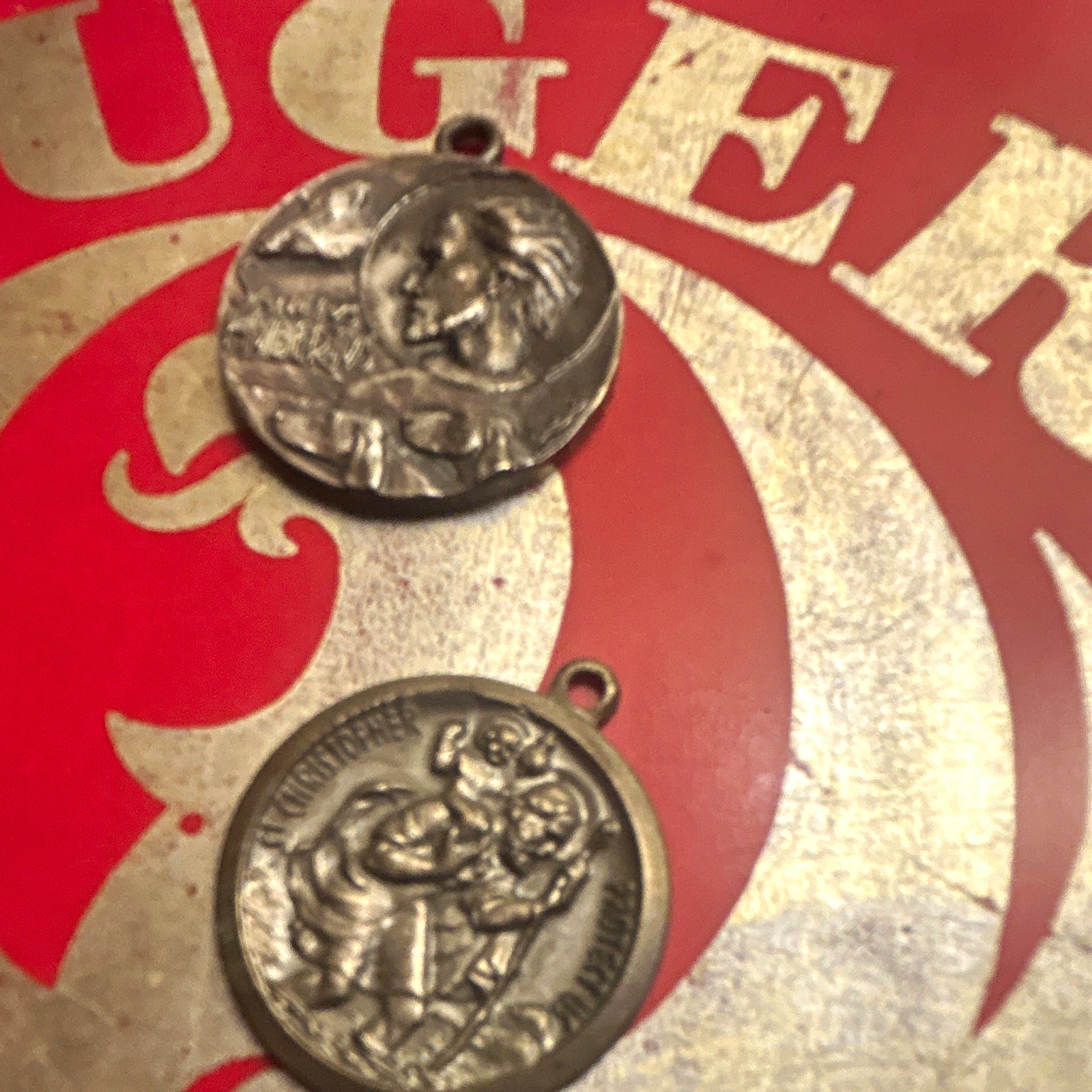 Lot of 2 Catholic Christian Saint Medal Pendants, Silver Tone Religious Imagery