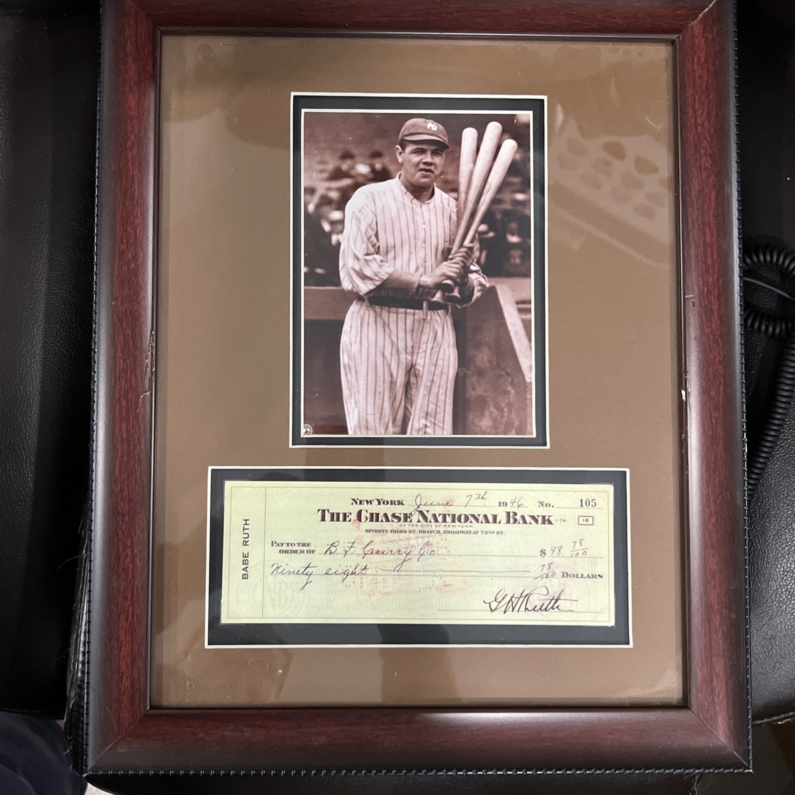 BABE RUTH YANKEES REPLICA  PHOTOGRAPH & BANK CHECK WOOD FRAME MATTED REPLIGRAPH