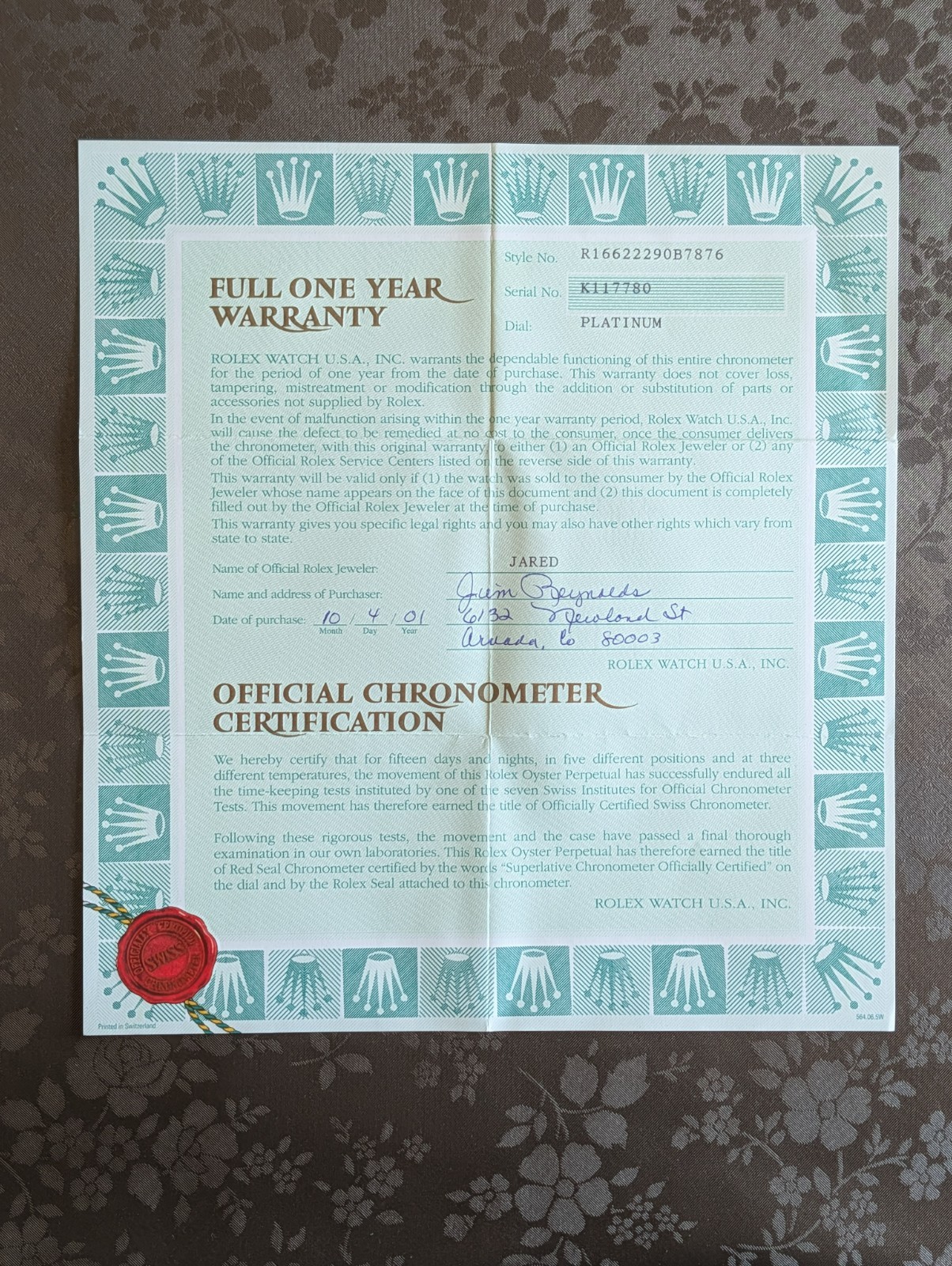 Authentic Rolex Yacht-Master 16622 Guarantee Certificate K-Serial 2001