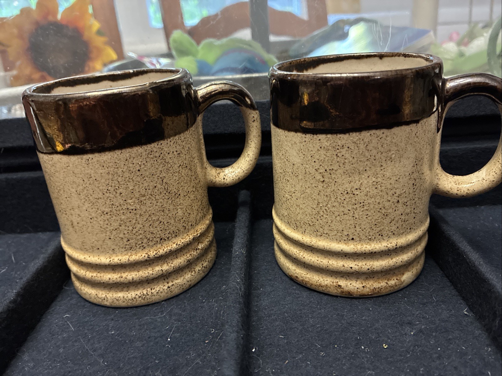 Vintage 1970’s Studio Art Pottery Speckled Stoneware Ribbed Coffee Mugs Set Of 2