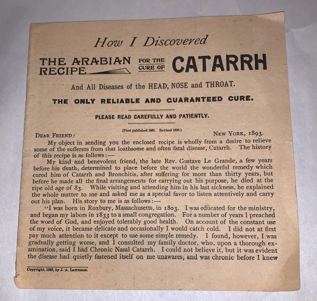 1893 The Arabian Recipe For The Cure Of Catarrh Booklet~By J A Lawrence~Quackery