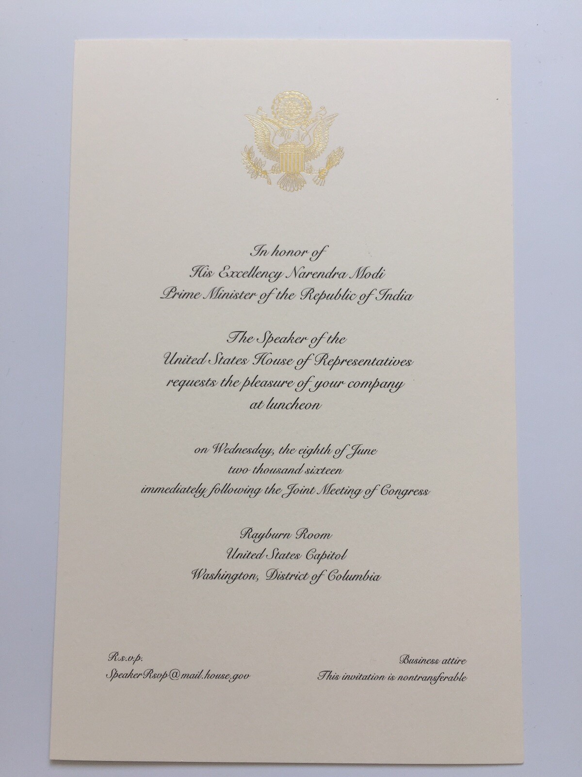 2016 Speaker Paul Ryan Luncheon Invitation India Prime Minister Narendra Modi