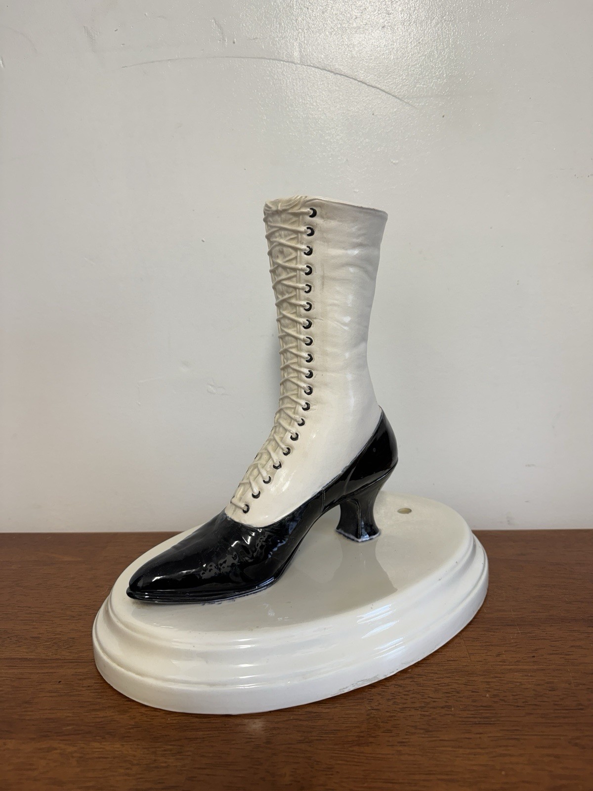 Vintage Ceramic Victorian Lace-Up Boot Lamp Base Black White Vase Decor Art 80