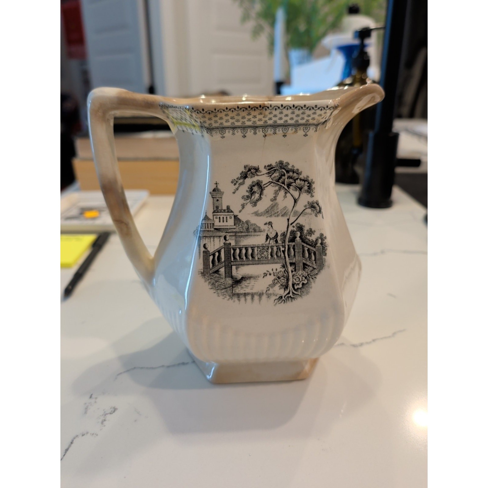 Vintage Wm Adams & Sons Ironstone Minuet Black Transferware Pitcher Creamer Jug