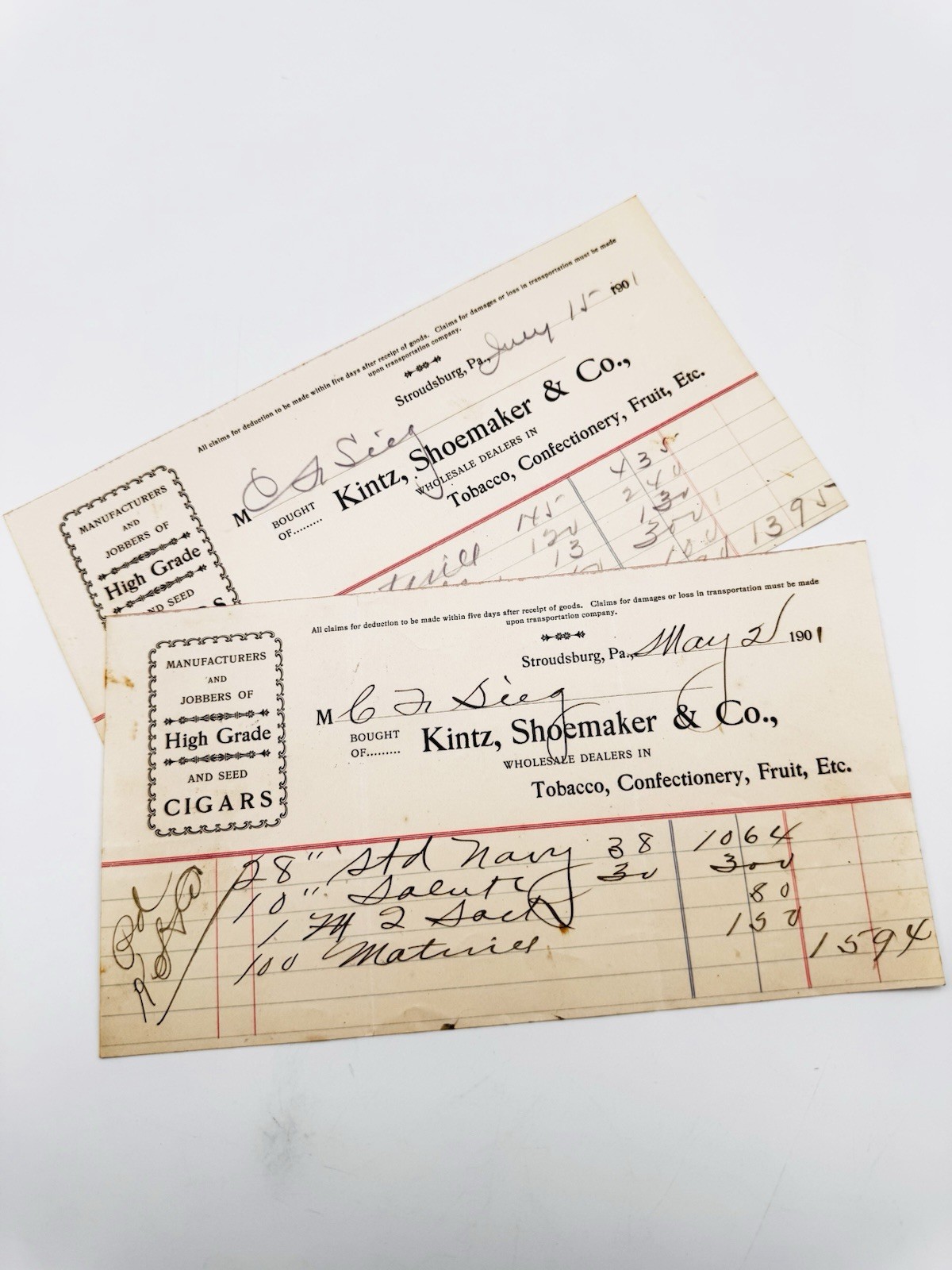 (2) 1901 Stroudsburg PA Kintz Shoemaker & Co Tobacco Cigar Antique Billhead