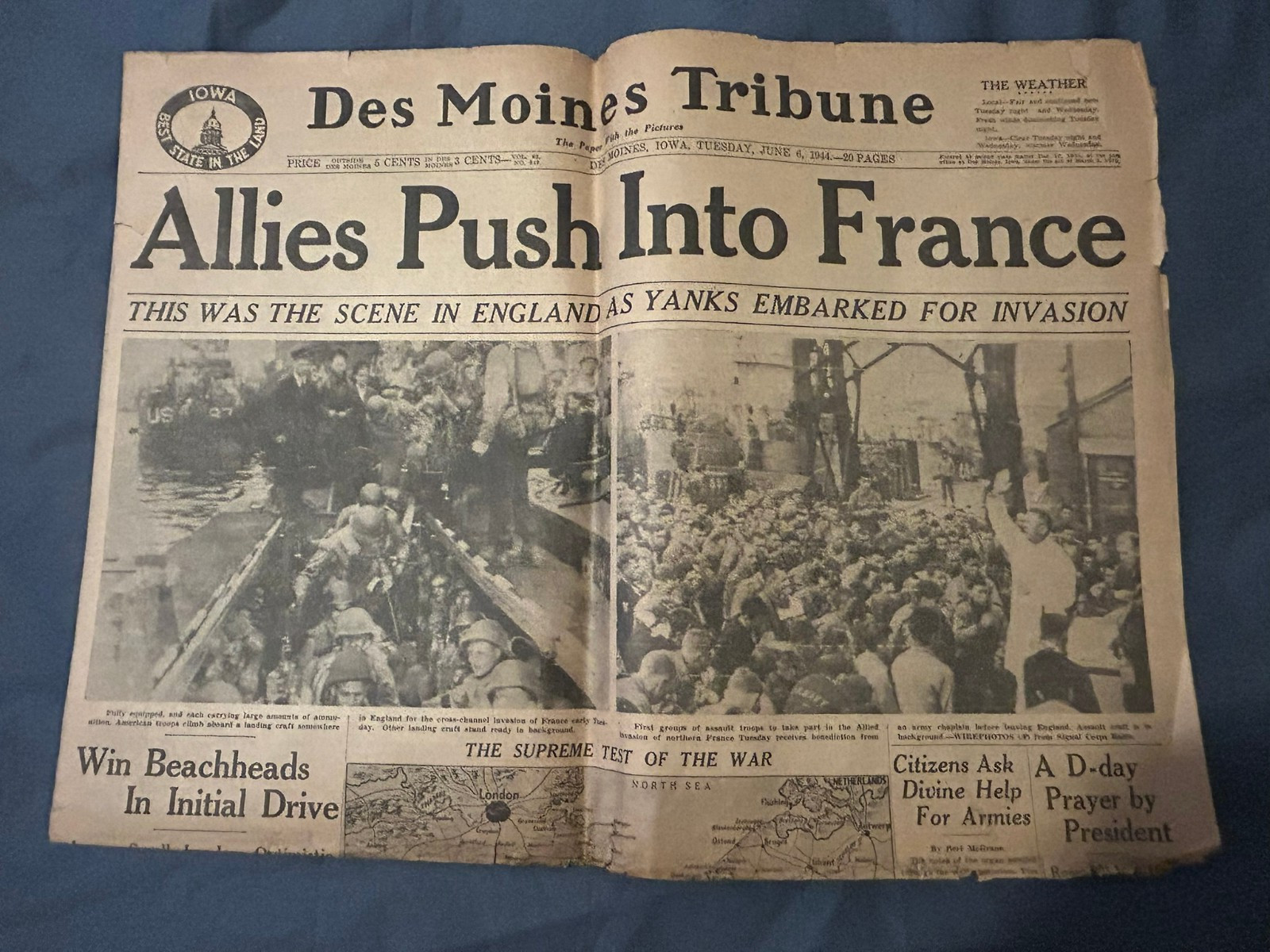 WW2 Des Moines Tribune D DAY complete newspaper Original JUNE 6TH 1944