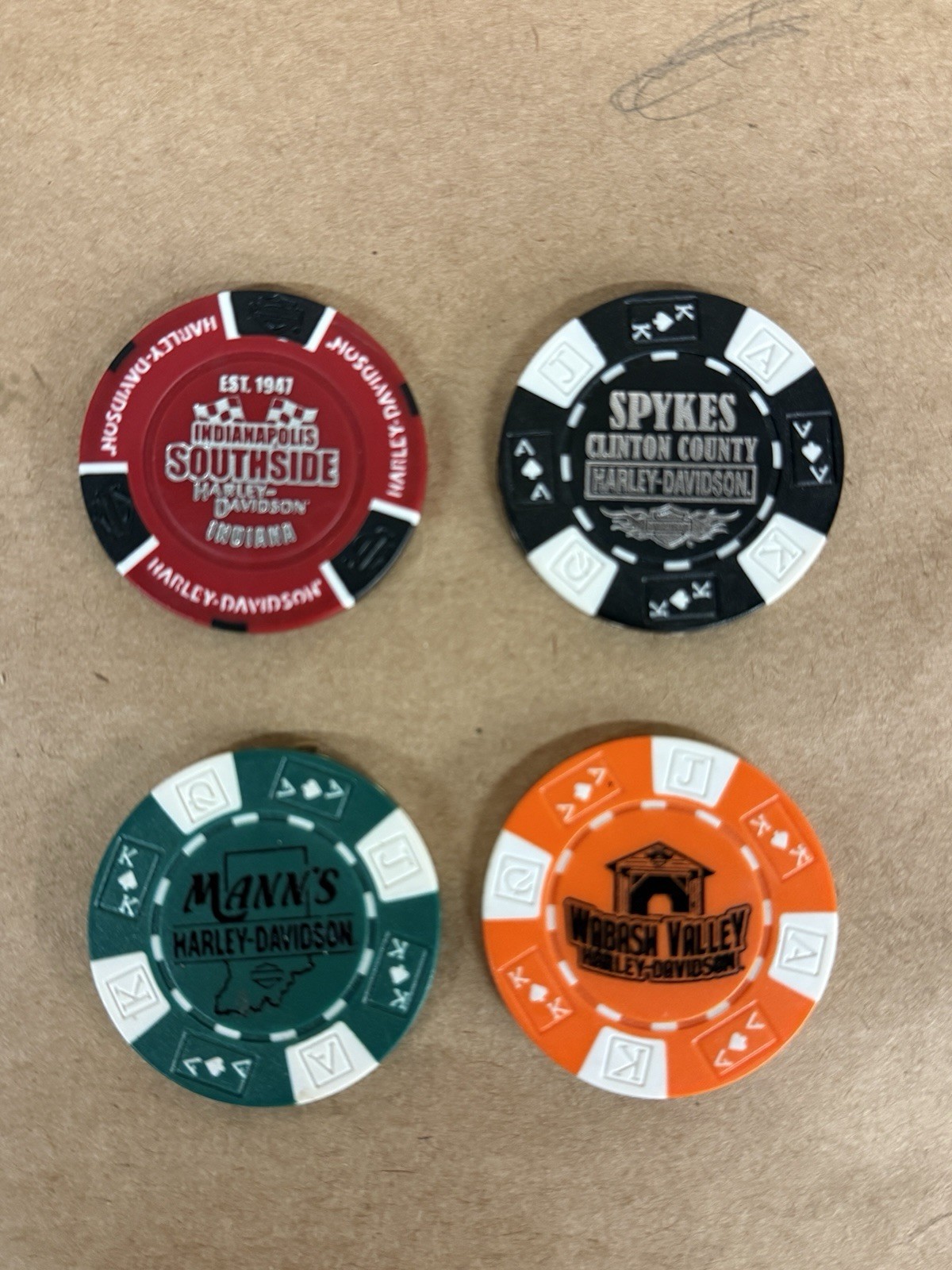 Harley Davidson Poker Chip Indiana Lot of 4 Dealership IN Chips Collection