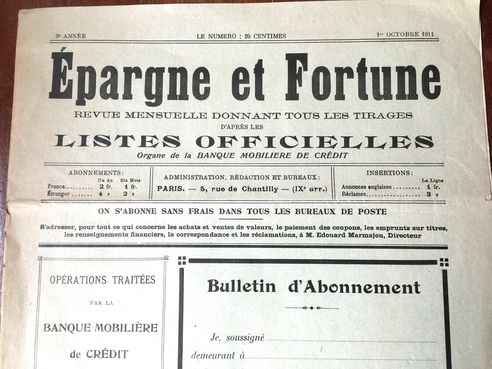 1911 PARIS, FRANCE original antique document BANK CREDIT NEWSLETTER ~ In French