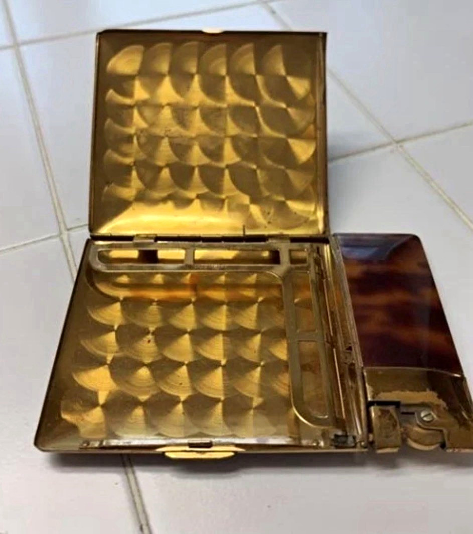 Vintage Tortoiseshell Style Cigarette Case w/ Built-In Lighter, Gold Tone 1950s