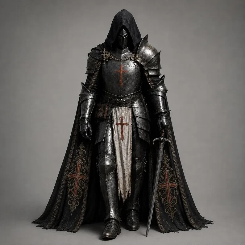 Medieval Black Knight Armor with Embroidered Templar Cloak, Gothic LARP Costume