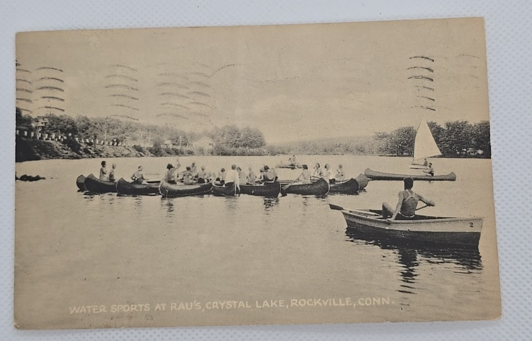 Vintage 1941 PM Crystal Lake Rockville, Conn. Postcard RPPC Photo Boats Canoeing