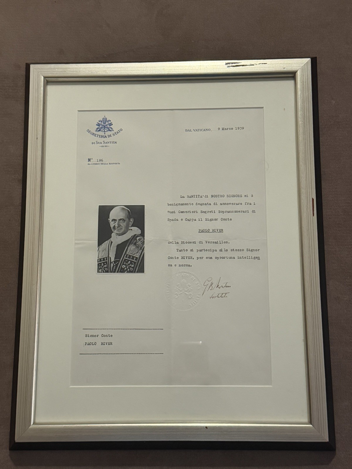 Pope Paul VI Signed 1939 Vatican Document – Certified Authentic w/ Schulson COA